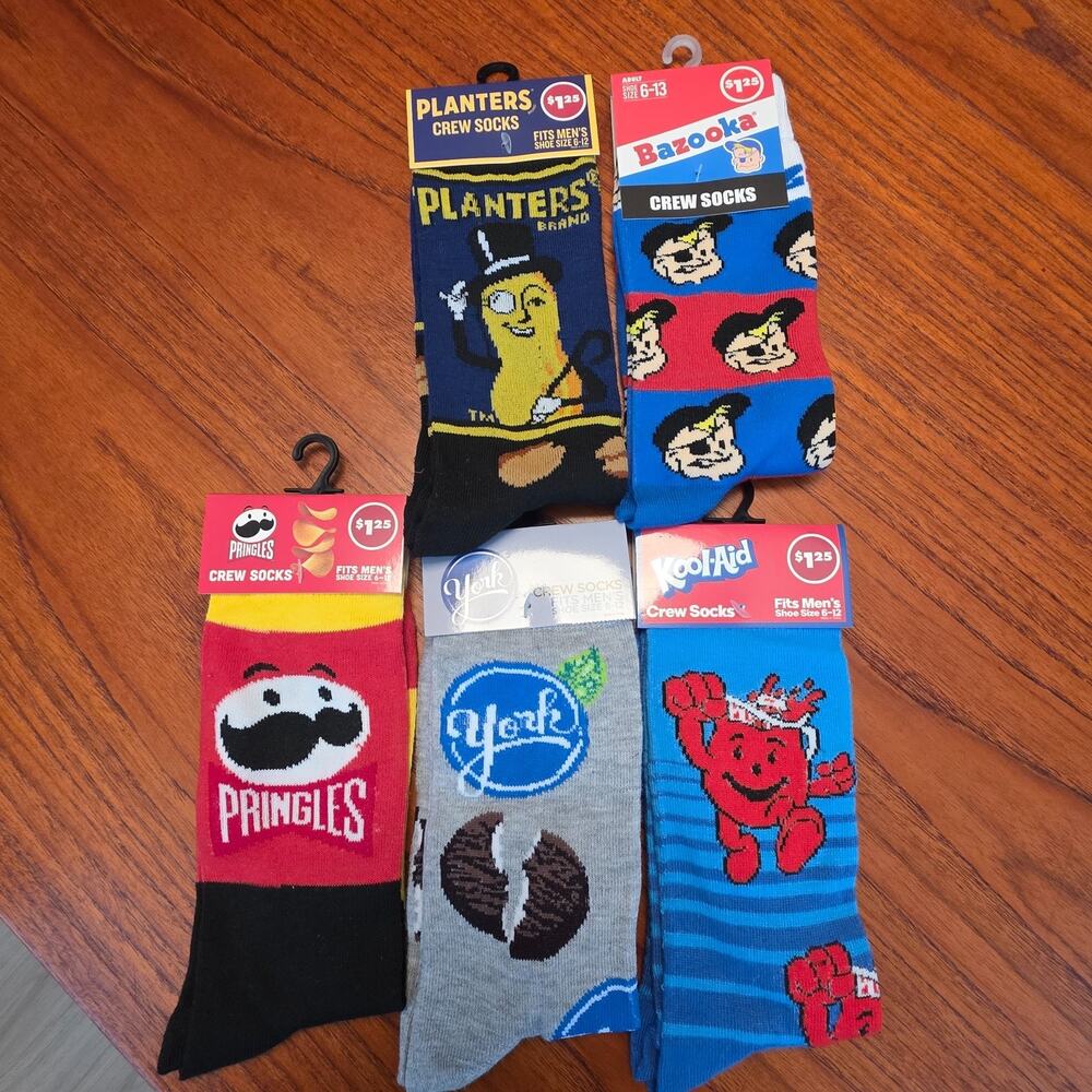 5 Pair Novelty Crew Socks Mens Kool Aid York Planters Bazooka Pringle Size 6-12